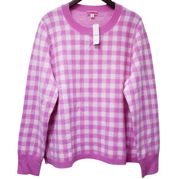 J. Crew Sweaters - NWT J. Crew 100% Cashmere Crew Neck Sweater Gingham Pink White Women's Size XL